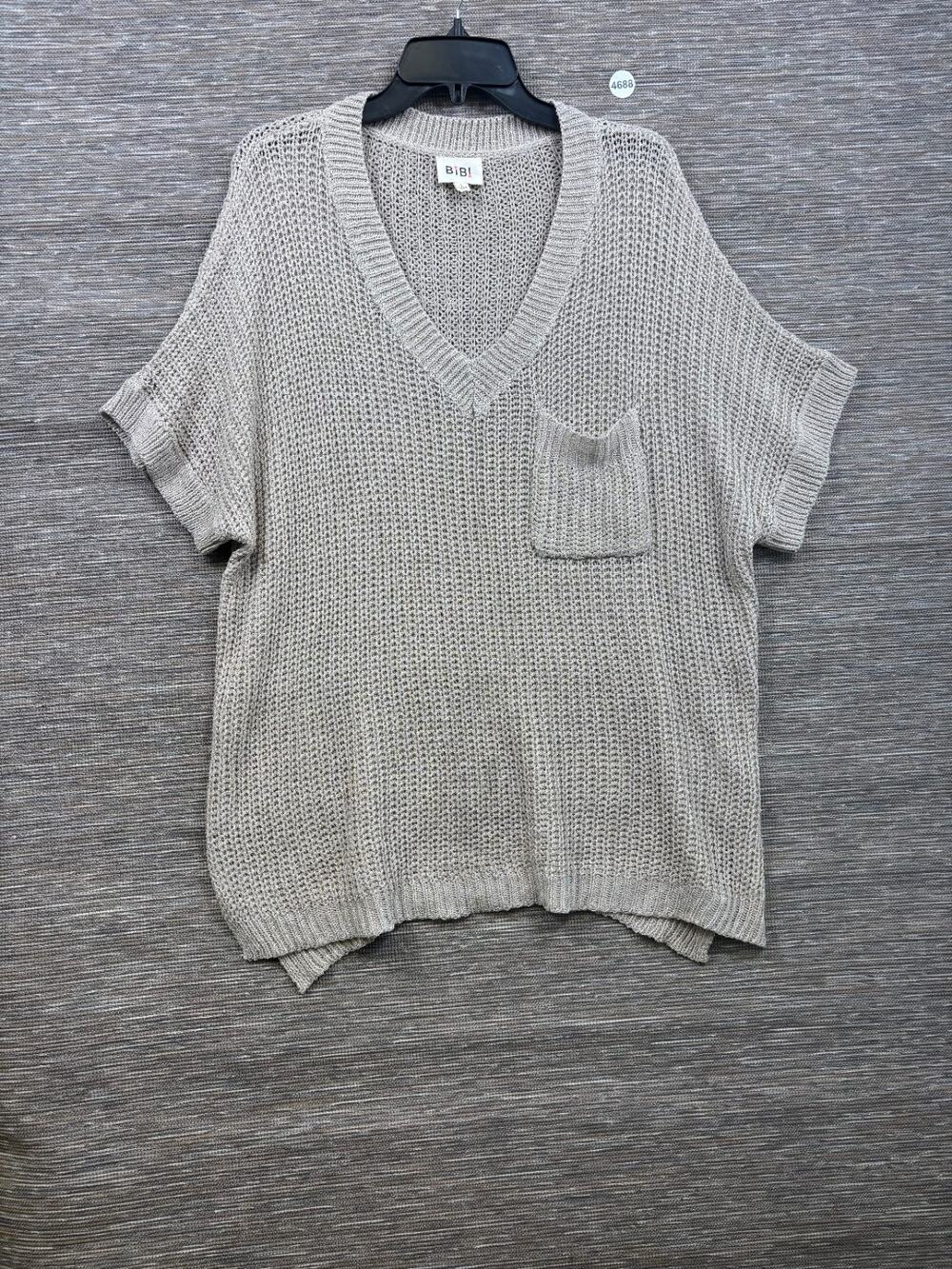 Bibi Knit Pullover Sweater Size L Tan V-Neck Short Sleeve Beachy Minimalist